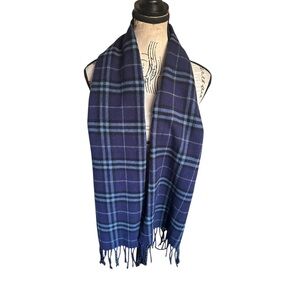Enzo Mantovani Navy Blue Plaid Wool Cashmere Fringe Scarf 11x58 Preppy Winter